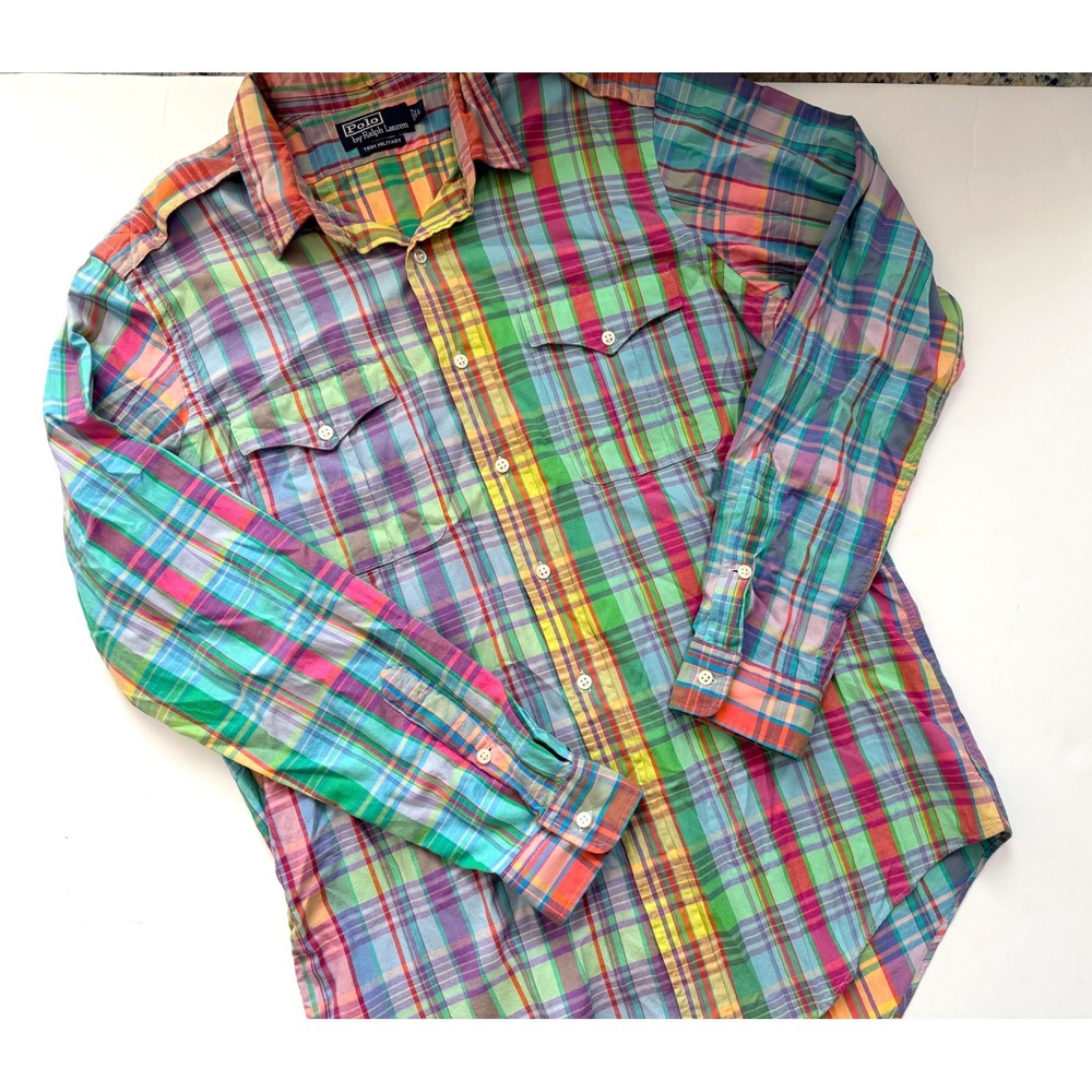 Polo Ralph Lauren Trim Military Madras Plaid Shirt Mens Large Multicolor Cotton